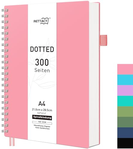 RETTACY Notizbuch A4 Dotted, 180°flach, 300 Seiten - Rosa | Bullet Journal, Softcover, 100g&m² Papier kein Durchschlagen, kein Ausbluten, Stiftschlaufe für Projektplanung & Büro