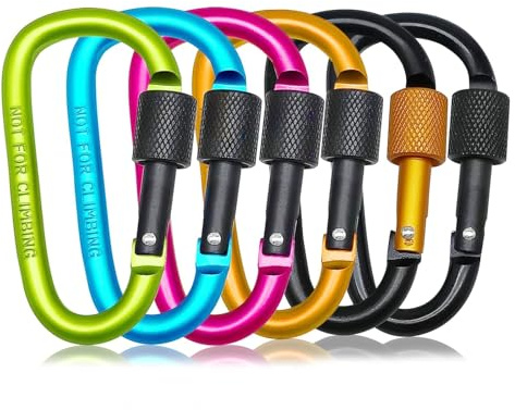 6 Pack Assorted Colors Small Locking Carabiner, 3 Inch Aluminum D-Shape Snap Hook with Screw Gate for Hiking, Camping, Fishing&Backpack(Not for Climbing)