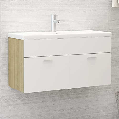 prissent Badezimmermöbel mit Waschbecken aus Spanplatte, Hängemöbel, Holzmöbel mit Waschbecken, Badezimmermöbel, Hängemöbel, Badezimmer, Weiß und Sonoma-Eiche