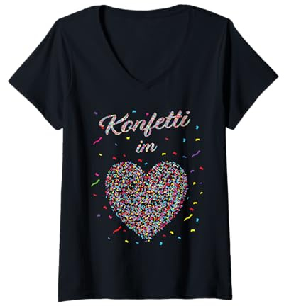 Damen Konfetti im Herzen Fasching Karneval Konfetti Kostüm Outfit T-Shirt mit V-Ausschnitt