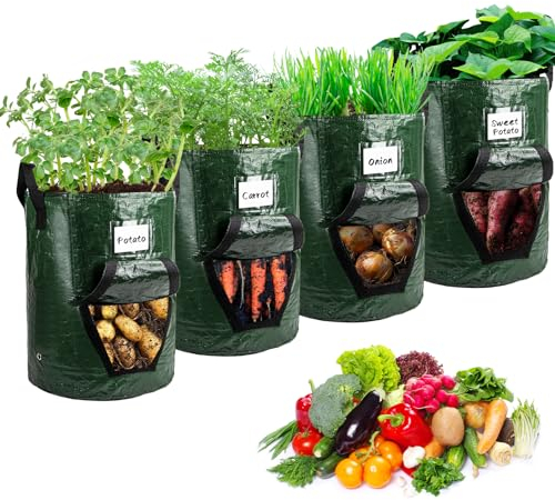 Qoosea 4 Pezzi Sacchetti per Coltivazione di Patate, 10 Gallon Sacchi per Piante Impermeabili PE 40L, Borsa per Piante Ispessite con Finestre e Maniglie per Coltivare Ortaggi, Frutta, Fiori (Verde)