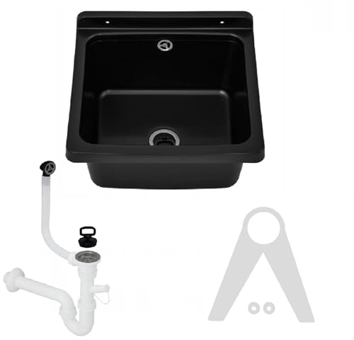 QLS Lavandino Esterno Giardino Garage Cantina Lavanderia Officina Lavello (Nero, 40 x 38 cm, Plastica, Spazzolato, A Parete, Classico)