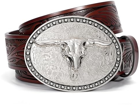 SANSTHS Western Cowboy Gürtel für Herren Damen, Western Leder Gürtel Bull Buckle Belt Geprägter Ledergürtel für Jeans, Kaffee/Lange Bullenschnalle