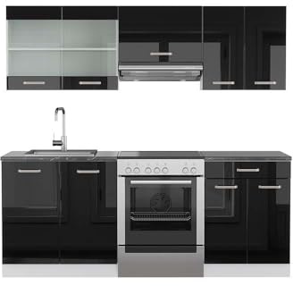 Vicco Küchenzeile R-Line, Schwarz Hochglanz/Weiß, 200 cm | 5 Module · Höhenverstellbare Füße · AP Anthrazit inkl. · Robuste Fronten · Mit Glasschrank · Frei kombinierbar