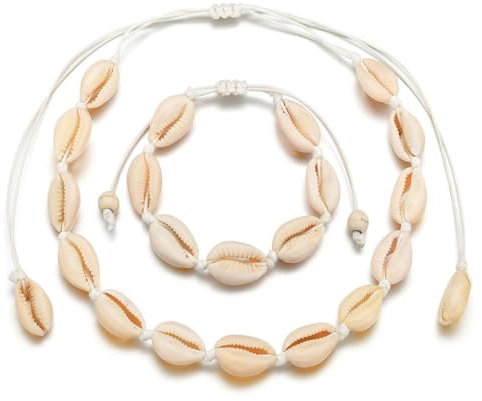 Muschel Halskette Armband Set 2 Stück Muschelkette und Muschelarmband Muschel Choker Halskette Natürliche Muschel Halskette Verstellbare Muschel Armband für Frauen Mädchen Party Hawaii Strand Schmuck