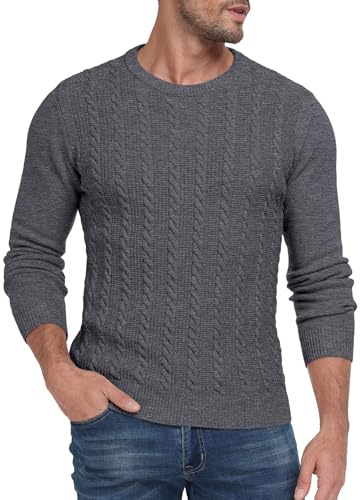 Hisir Mens Jumpers Cable Knit Winter Warm Crew Neck Long Sleeve Pullover Sweater for Men