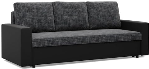 Mebligo - Sofa Dreisitzer Wohnzimmer mit Schlaffunktion, Bettkasten und Kunsteleder 220x92x92 (BxHxT) Dunkelgrau und Schwarz Luna, Schlafsofa Platzsparend, Schlafcouch, Sofabett, Sofa Bed, Bettsofa