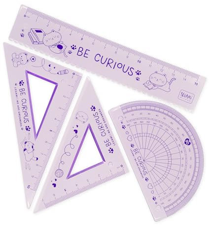 Legami - Set di Geometria, Set con Righello da 15 cm, Squadra 60° da 10 cm, Goniometro 180° per la Scuola, Custodia Inclusa, Materiale Flessibile, Tema Kitty