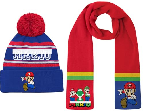 MAJEQZGY Mario Kinder Mütze Schal Set Gestrickte Beanie Kinder Schal Winter Mützen Outdoor Sport Mario Winter Zubehör Sets Elastisch für Im Alter von 8-12