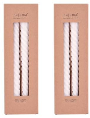 pajoma® Gedrehte Stabkerzen Weiß 8 Stück | Hochwertige Drehkerzen - 45g Wachsgewicht, ca. 5 Std. Brenndauer, 250 x 20 mm | Premium Spiralkerzen, Twisted Kerzen, Wendekerzen