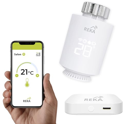 Tête Thermostatique Intelligente Connectée REKA - Contrôle Température Via Appli Tuya, Programmation, Détection Fenêtres Ouvertes - Compatible Assistants Vocaux (1, avec Passerelle)