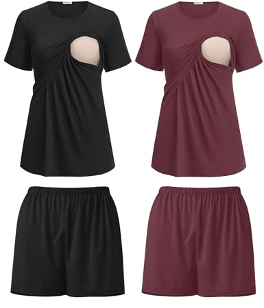 Ekouaer 2 Pack Maternity Sleepshirts Double Layer Postpartum Sleepshirts Short Sleeve Breastfeeding Nursing Clothes Tops & Shorts L Black/Dark Red
