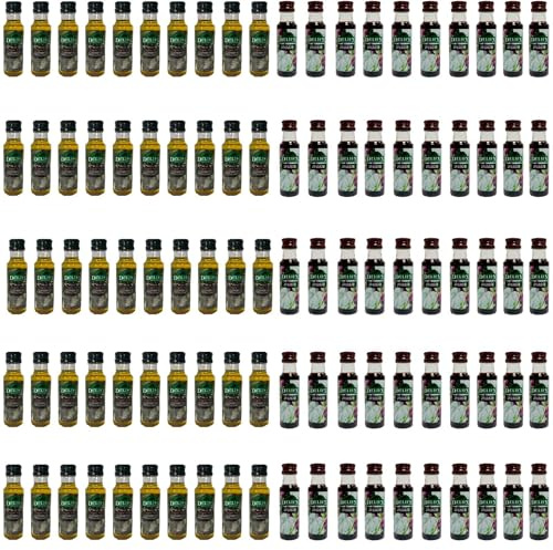 Deliex- Botellitas de aceite de oliva y vinagre mini. 100 Botellas miniaturas en pet de 25 ml, 50 de aceite de oliva virgen extra y 50 de vinagre viejo.