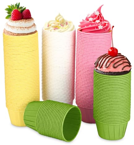 Huifoo 200 Stück Papier muffins papierförmchen,Muffins Backförmchen,Fettdicht Cupcake Formen,Einweg Backförmchen in Grün rosa Gelb und Weiß,für Backen,Dessert,Party,Geburtstag,Hochzeit