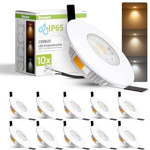 linovum CERBUS Einbauspot weiß IP65 flach 22mm 3 Lichtfarben Bad & Außen | Ultraflacher Einbauspot IP65 - nur 22mm tief, warm / neutral / kalt per Schalter, für Bad, Dusche & Küche, direkt an 230V