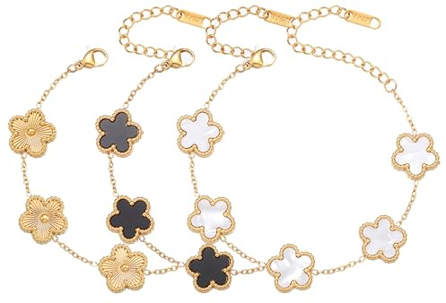 FUNIO Kleeblatt Armband Set für Damen - 18 Karat Gold Link Van Cleef Armband Armreif Glücksarmband Schmuck Geschenk für Damen 3Pcs