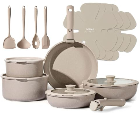 CAROTE 19pcs Pots and Pans Set Non Stick, Nonstick Cookware Set Detachable Handle, Induction Kitchen Cooking Sets with Removable Handle, RV Kitchen, Oven Safe, Taupe