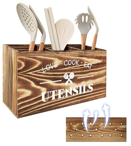 Cable Leader Porte Ustensiles Cuisine, Rangement Ustensiles Cuisine en Bois, Ustensiles de Rangement Bois pour Comptoir, 3 Compartiments, avec Trous d'aération, Brun Naturel (30*12,5*17,5 cm)