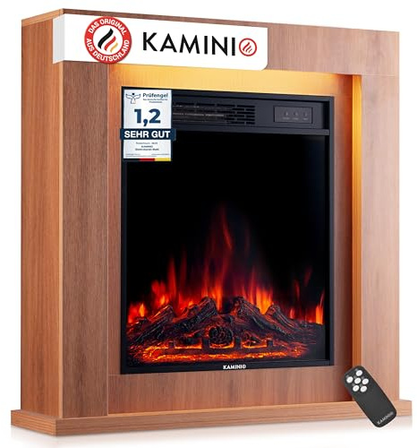KAMINIO Chimenea eléctrica Matti - Chimenea eléctrica de pie con calefacción, Efecto de Llama 3D, Luz Ambiental LED, Control Remoto - 32 Pulgadas (Roble)