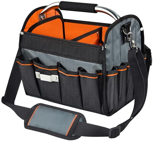 Electrician Tool Tote Bag with Handle, 34 Pockets Open Top Foldable Tool Bags with Detachable Divider, Water Resistant 1680D Thick Fabric, Black and Orange