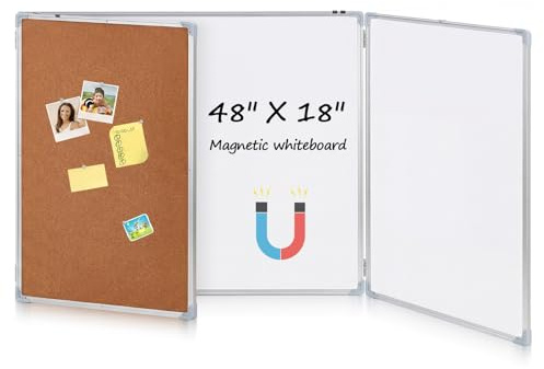Mooliwe 48x18 Tri-fold Cork Board Whiteboard Combo, Foldable Combination Magnetic Dry Erase Bulletin Board & Corkboard with Aluminum Frame Wall Mounted for Home, Office and School(Wood)
