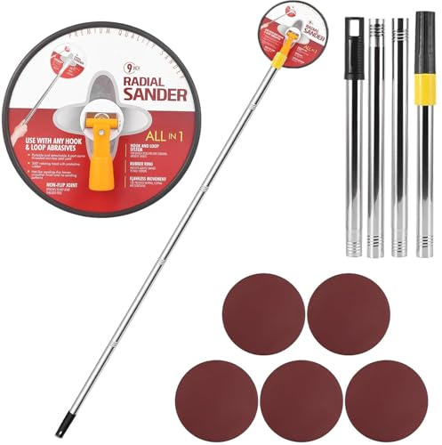 Pole Sander for Drywall, 9In Dry Wall Sander with Extension Pole 360 Degree Rotation Hand Radial Sanders Complete with 5pcs Sanding Sheets (80, 100, 120, 180, 240 Grit) (Red)