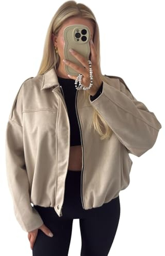 Women’s Faux Suede Bomber Jacket Spring Lapel Pilot Coat Casual Oversize Long Sleeve Trendy Streetwear Outerwear Loose Fit Fall Fashion Zip Up Coat (UK 6-14Beige