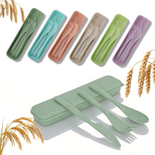 DIYJEP 6 Sets Travel Cutlery Set with Case, Portable Utensils(6 Colours) | Reusable Plastic Flatware. Includes Spoon Fork Knife. Lightweight Durable for Kids Adult Picnic School Office Outdoor