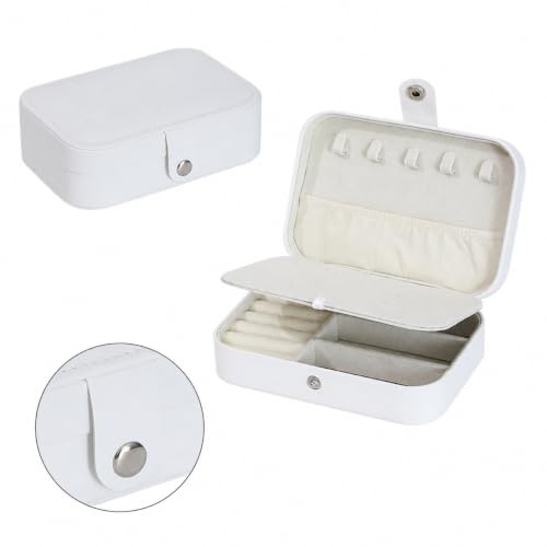 Govritt Travel Jewellery Box, White Jewellery Organiser Case for Women | White PU leather case with 5 necklace hooks, earring panel, ring rolls and divided storage; 16 x 11 x 5.5 cm, 200 g.