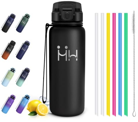 Motswedi Borraccia Termica 750 ml, con Cannuccia, Bottiglia Termica, a Prova di Perdite, Borraccia Acciaio Inox, per Bevande Calde e Freddo, per Palestra, Campeggio, Sport, Nero