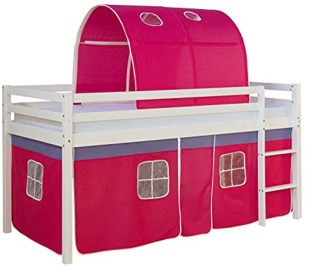 Homestyle4u Kinderbett 90x200 Weiß Pink Hochbett mit Treppe Tunnel Vorhang Bettgestell Holz Kinderzimmer