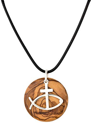 MaMeMi – Collier chrétien en argent 925 et bois d’olivier – pendentif Croix & Ichthys Ø3 cm – chaîne 50 cm – symbole de foi et protection – cadeau Communion/Firmation