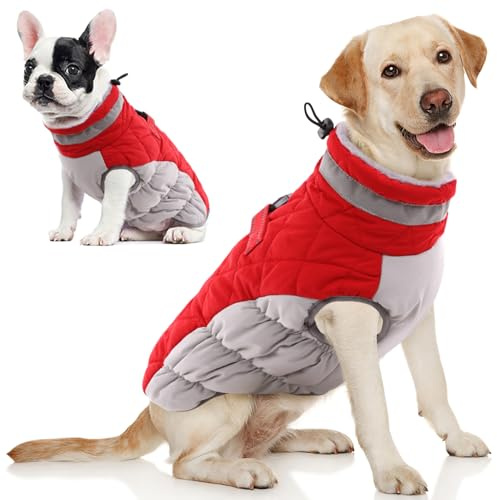 AOFITEE Hundemantel Winter Grosse Hunde, Winter Warme Hundejacke Rollkragen Wintermantel für Hunde, Reflektierende Fleece Hundemantel Winterweste Hundepullover Haustier Skifahren Kostüm, XXL Rot