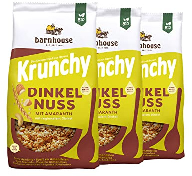 Barnhouse Krunchy Amaranth Dinkel-Nuss, Bio Dinkel-Knuspermüsli aus Bayern, mit knackigen Cashews und Mandeln, alternativ gesüßt, 3 x 375 g