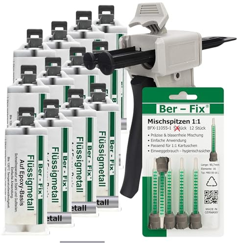 Ber-Fix Flüssigmetall Epoxidkleber 12x50g + 12 Mischdüsen + Pistole | Flüssigmetall Epoxidkleber 12x50g + 12 Mischdüsen + Pistole: Flüssigmetall für metallähnliches Füllen