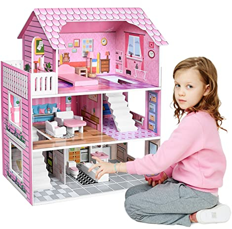 NAIZY Kinder Puppenhaus Holz Haus 70x60x24cm Puppenstube Set Rosa 3 Etagen Playmobil Dollhouse mit Möbeln & Zubehör Puppenvilla DIY Wohnmobil Haus Traumvilla, für Mädchen und Jungen (Typ A)