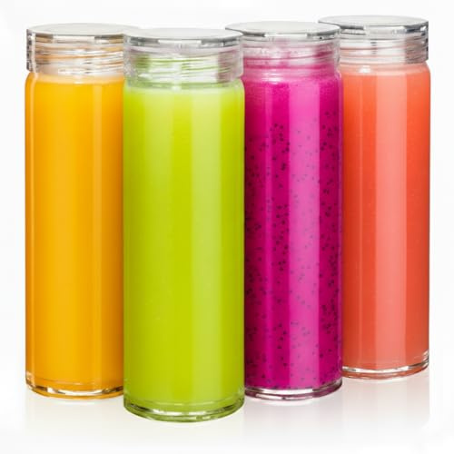 Glass Water Bottles, 4-Pack Wide Mouth, Clear Lids, Borosilicate, 16oz | Glass Juice Bottles For Juicing, Smoothies, Fruit Water, Teas, Beverage Storage