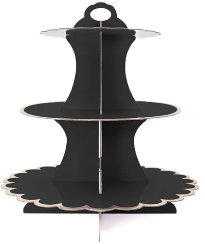 INTIRILIFE Soporte para pasteles de cartón con 3 niveles en Negro - 29 / 21.5 / 16 x 35 cm - Soporte de cupcakes de cartón para armar usted mismo