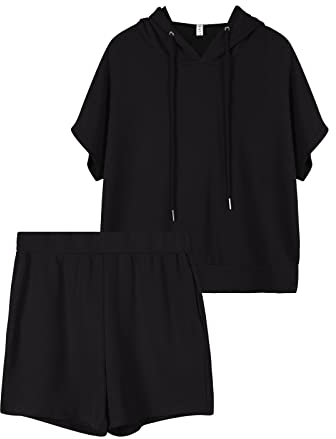 REORIA Damen Trainingsanzüge Kurzarm-Hoodie und fließende Shorts Jogginganzug Zweiteiler Overall Sommer Outfits Schwarz L