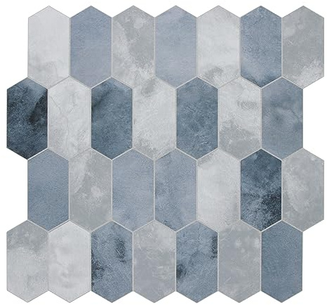 The Tiles Plaza 10-Sheet Peel and Stick Backsplash, 12 x 11.5 Blue Cement Long Hexagon Self-Adhesive Wall Tile, Stone Composite Stick On Decorative Mosaic Tile for Kitchen Bathroom Fireplace