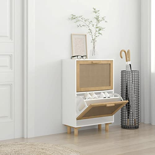 ZEYUAN Schuhschrank, Schuhbank, Shoe Rack, Schuhe Schrank, Schuhkommode, Schuhregal, Mehrzweckschrank, Weiß 52x25x80 cm Holzwerkstoff & Rattan Natur