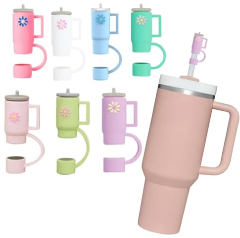 Conquerall 7PCS Mini Tapa de Silicona para Pajita - Forma de Taza, Grado Alimenticio, Mona y Segura - Accesorio Especial para Pajita Stanley de 10mm