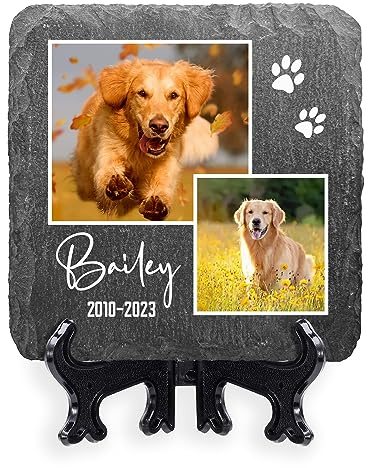 AIGAT Personalisierbares quadratisches Gedenktafel 10 x 10 cm mit Name, Datum, Foto und Ständer für Haustier Katze Hund Schieferstein Pfote Grabmarker - Zwei Fotos