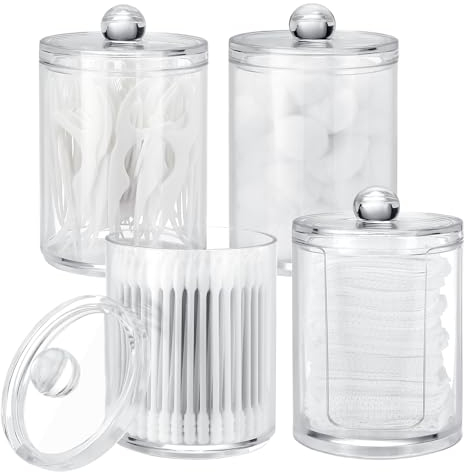 Gowkeey 4 Stück Wattestäbchen Behälter, Acryl Wattepads Aufbewahrung, Wattestäbchen Halter, Wattebällchen Behälter Box, Wattepadspender für Schminktisch Badezimmer (A)