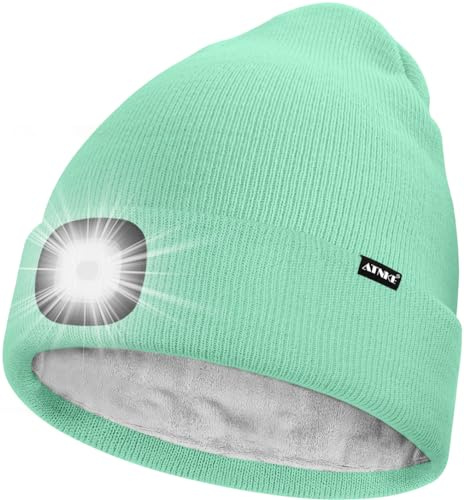 ATNKE LED Mütze mit Licht,Wiederaufladbare USB 4 LED Beleuchtete Laufmütze Extrem Heller Lampe Winter Warme Gefüttertes Fleece Stricken Mütze für Herren und Damen Geschenke