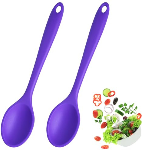 Auvotuis 2 Pcs Silicone Spoons for Cooking Heat Resistant, Non-Stick Mixing Spoon for Kitchen Cooking Baking Stirring Mixing Basting Tools (Purple)