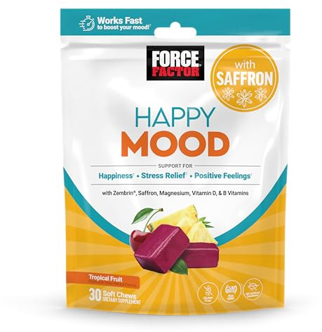 FORCE FACTOR Happy Mood, Mood Support and Mood Balance Supplement to Support Happiness, Positivity, and Stress, Made with Magnesium, Saffron, Zembrin, Non-GMO, Tropical Fruit Flavor, 30 Soft Chews