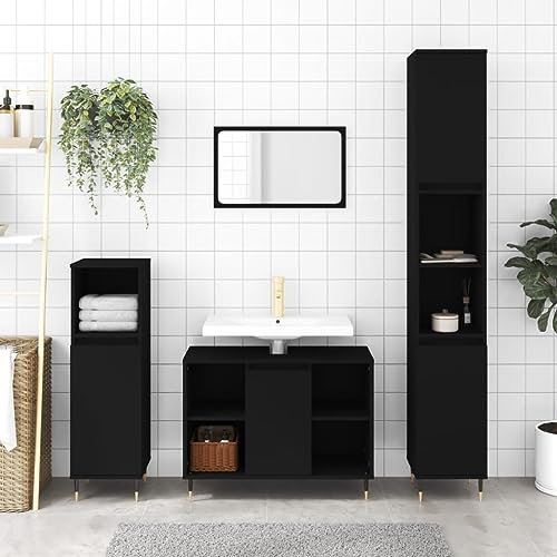 Vopese Badschrank Badezimmerschrank Aufbewahrungsschrank mit viel Stauraum Badezimmer Schrank Badregal Badmöbel für Bad Flur Schwarz 30x30x100 cm Holzwerkstoff