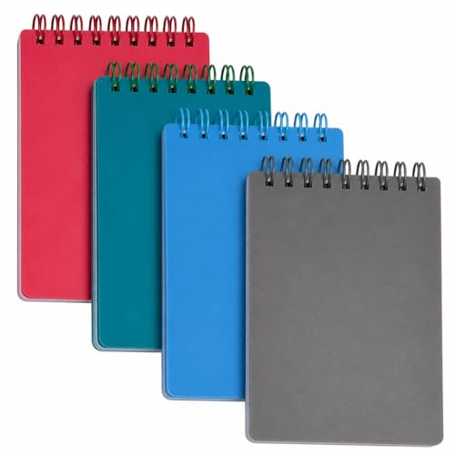 MIJOMA Pocket Notizbuch 4er-Set, Spiral-Notizblock Mini, 40 Blatt Liniert, To Do Listen, Robustes Kunststoff-Cover, 12.5x7.5cm, Ideal für Büro, Schule & Reisen