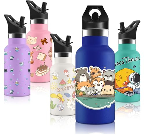 Vikaster Botella agua Acero Inoxidable con Tapa de Popote y asa, Botella Agua Niños 350ml, Sin BPA, Botella Termica Reutilizable, para Adultos, Niños, Escuela, Ciclismo, Gym, Deportiva